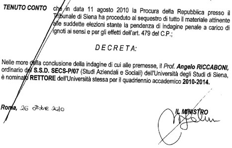 Primo decreto di nomina a rettore di Angelo Riccaboni